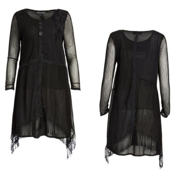 Pretty Angel Black Mesh Silk-Blend Fringe Sidetail Tunic Top Medium Witchygoth - Picture 1 of 12